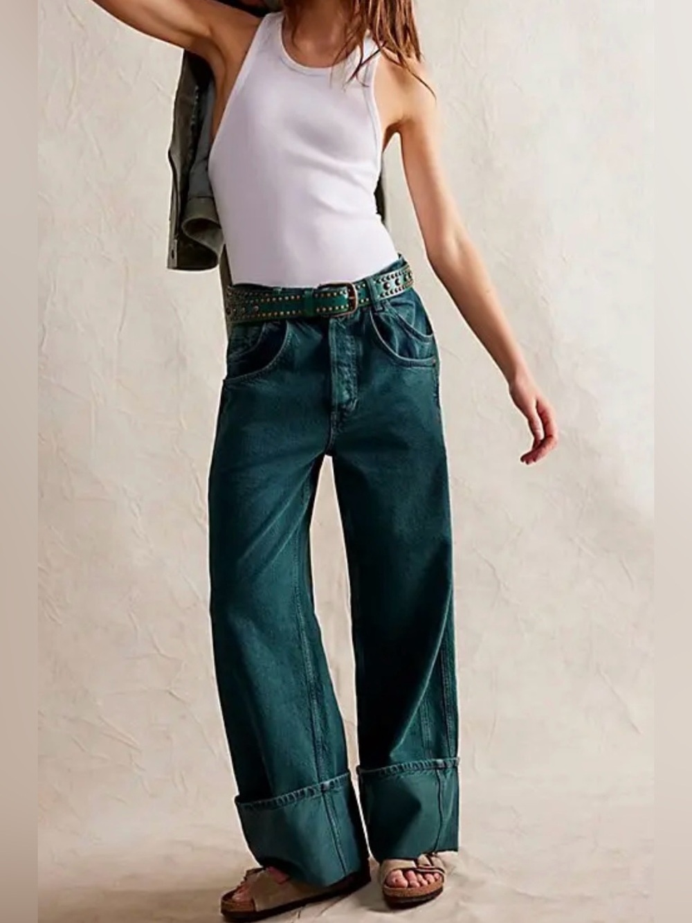 Free People Teal Boyfriend Wide-Leg Jeans